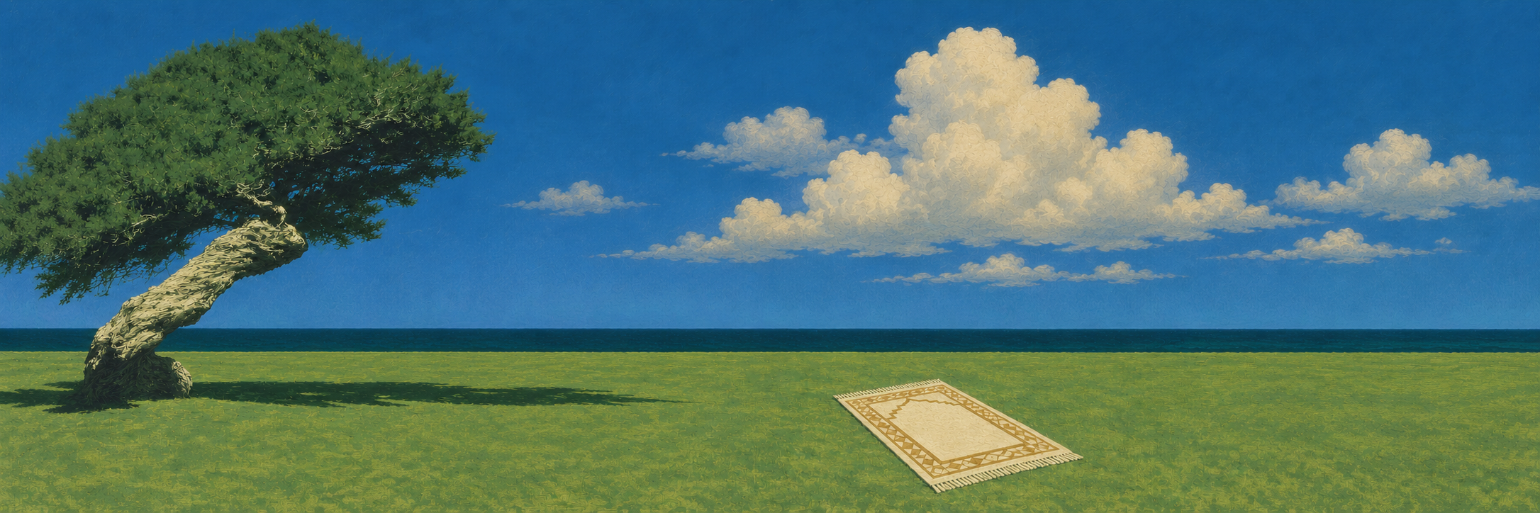 A prayer mat beneath a wide sky, painted in a quiet meadow beside the sea