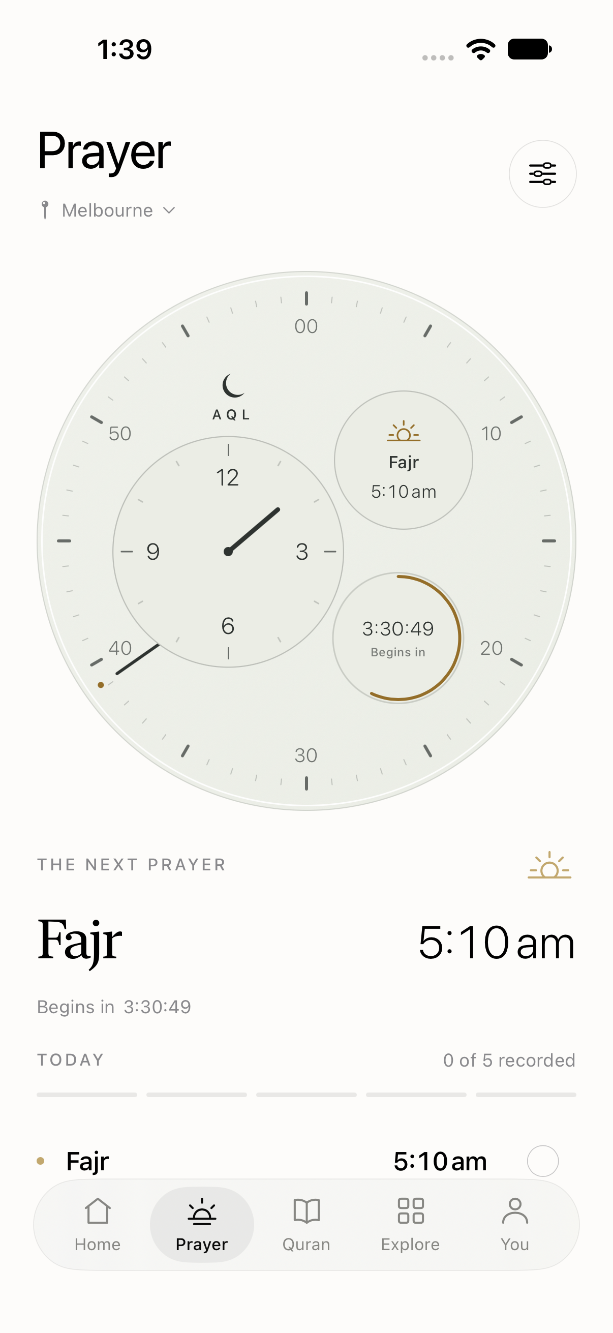 AQL light-mode prayer screen with its signature circular dial