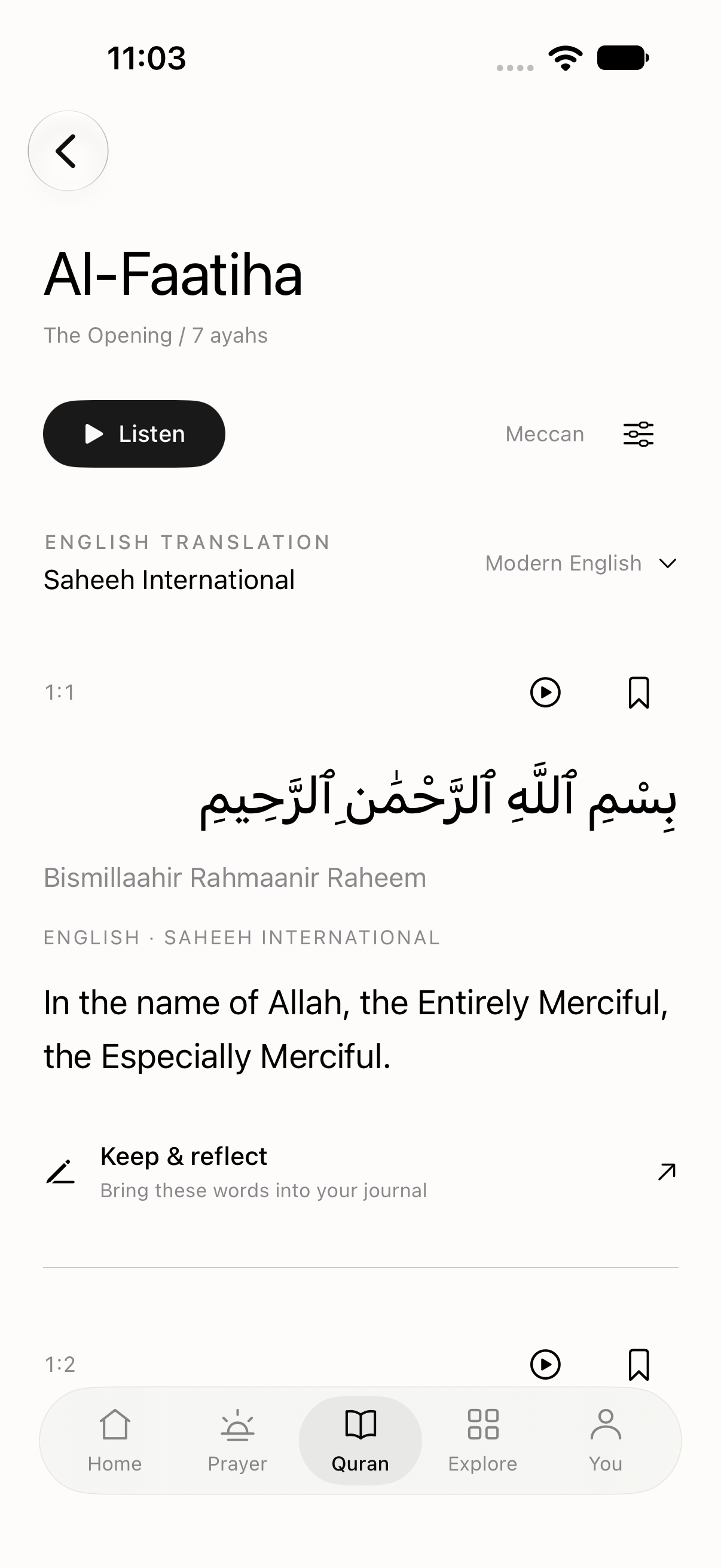 AQL Quran reader showing Al-Faatiha in Arabic, transliteration and English